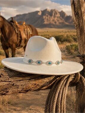 Adora Ivory Felt Western Hat Turquoise Concho Band Boho Luxe Cowgirl